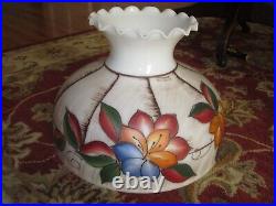 14 Inch Fitter Chandelier Lamp Shade Vintage White Glass Hand Painted Flowers