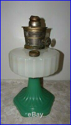 1930's Aladdin Corinthian Kerosene Oil Lamp White Jadite Green Moonstone Glass