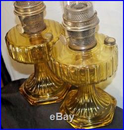1930s Aladdin Yellow / Amber Corinthian Kerosene Oil Table Lamp Marked Chimney