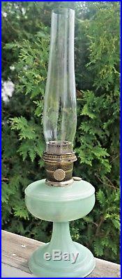 1932 Aladdin Venetian Painted Green Moonstone Kerosene Oil Table Lamp With Chimney