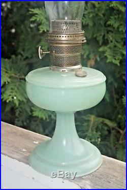 1932 Aladdin Venetian Painted Green Moonstone Kerosene Oil Table Lamp With Chimney