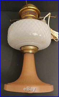 1933 Antique Aladdin White Quilted Font Pink & White Moonstone Kerosene Oil Lamp