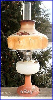 1935 Aladdin White / Rose Alacite B-126 Corinthian Lamp With Antique Painted Shade