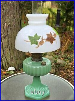 1936 ALADDIN MODEL B-115 JADITE MOONSTONE JADE GREEN CORINTHIAN OIL LAMP w SHADE