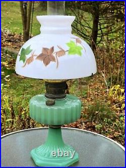 1936 ALADDIN MODEL B-115 JADITE MOONSTONE JADE GREEN CORINTHIAN OIL LAMP w SHADE