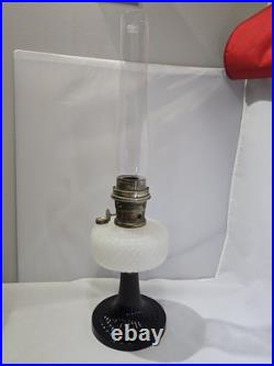 1937 Aladdin B-90 Diamond Quilt Lamp Moonstone & Black Base with Lox-On Chimney