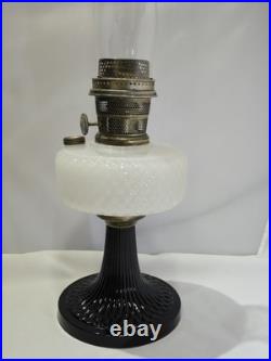 1937 Aladdin B-90 Diamond Quilt Lamp Moonstone & Black Base with Lox-On Chimney