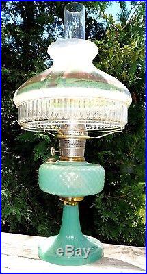 1937 Aladdin Green Moonstone Jadeite Diamond Quilt Oil Lamp 601s Painted Shade