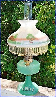 1937 Aladdin Green Moonstone Jadeite Diamond Quilt Oil Lamp 601s Painted Shade