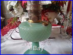 1937 Green Jade Moonstone Aladdin B-86 Diamond Quilt Kerosene Oil Table Lamp