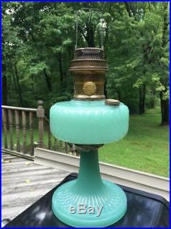 1937 Green Jade Moonstone Aladdin B Diamond Quilt Kerosene Oil Lamp Jadeite