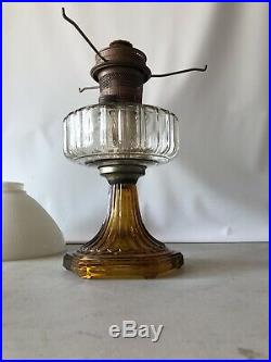 1938 Aladdin Vertique Amber Glass Kerosine Oil Lamp #23 Burner & Shade Footed