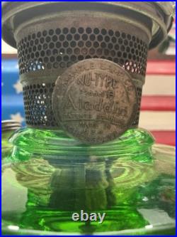 1939 Aladdin Green Uranium Glass Smooth Stem Washington Drape Oil Lamp B Burnr