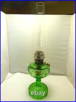 1939 Aladdin Green Uranium Glass Washington Drape Turkey Track Base Oil Lamp