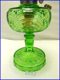 1939 Aladdin Green Uranium Glass Washington Drape Turkey Track Base Oil Lamp