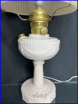 1940s ALADDIN Lincoln Drape ALACITE GLASS Oil LAMP/Champaign Glass Shade & Lox