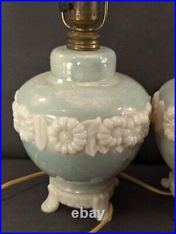 2 Aladdin Alacite Flower Ring Lamp Light Finial Luster Opalescent Pair Works