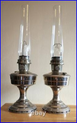 (2) Two Vintage Aladdin No 12 Kerosene Lamps Nickel Plated Oil Lamp with Chimney