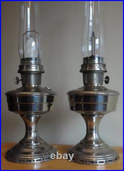 (2) Two Vintage Aladdin No 12 Kerosene Lamps Nickel Plated Oil Lamp with Chimney (2) Two Vintage Aladdin No 12 Kerosene Lamps Nickel Plated Oil Lamp with Chimney