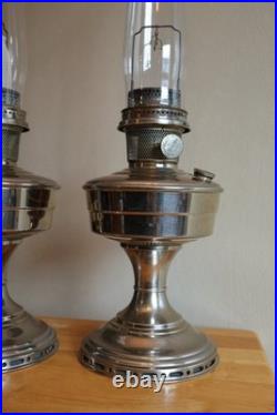 (2) Two Vintage Aladdin No 12 Kerosene Lamps Nickel Plated Oil Lamp with Chimney