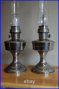 (2) Two Vintage Aladdin No 12 Kerosene Lamps Nickel Plated Oil Lamp with Chimney