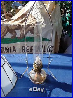2 Vintage Aladdin oil Lamps aluminum Hanging with Glass Chimney & glass Shades