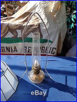 2 Vintage Aladdin oil Lamps aluminum Hanging with Glass Chimney & glass Shades