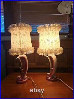 2 Vintage Pink & Gold Boudoir Lamps Aladdin MCM Lusterware Art Pottery