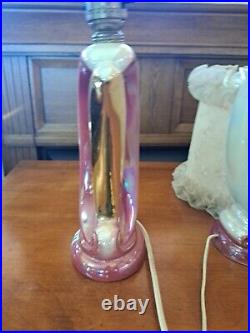 2 Vintage Pink & Gold Boudoir Lamps Aladdin MCM Lusterware Art Pottery