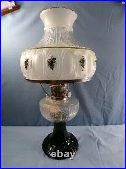 2000 Aladdin Drape Oil Lamp Clear with Green Base Painted Shade with Holly Design