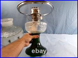 2000 Aladdin Drape Oil Lamp Clear with Green Base Painted Shade with Holly Design