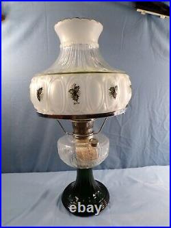 2000 Aladdin Drape Oil Lamp Clear with Green Base Painted Shade with Holly Design