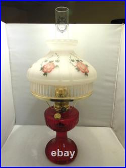 2011 ALADDIN RED SHORT LINCOLN DRAPE OIL LAMP w CADMIUM GLOW CHIMNEY & SHADE