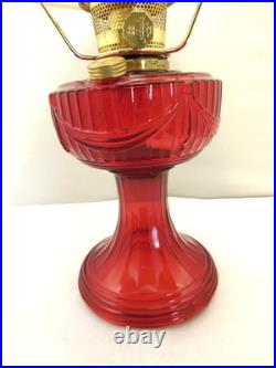 2011 ALADDIN RED SHORT LINCOLN DRAPE OIL LAMP w CADMIUM GLOW CHIMNEY & SHADE