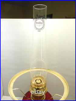 2011 ALADDIN RED SHORT LINCOLN DRAPE OIL LAMP w CADMIUM GLOW CHIMNEY & SHADE