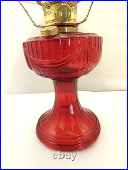 2011 ALADDIN RED SHORT LINCOLN DRAPE OIL LAMP w CADMIUM GLOW CHIMNEY & SHADE