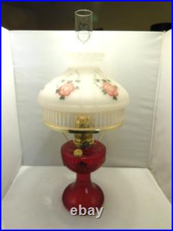 2011 ALADDIN RED SHORT LINCOLN DRAPE OIL LAMP w CADMIUM GLOW CHIMNEY & SHADE 2011 ALADDIN RED SHORT LINCOLN DRAPE OIL LAMP w CADMIUM GLOW CHIMNEY & SHADE