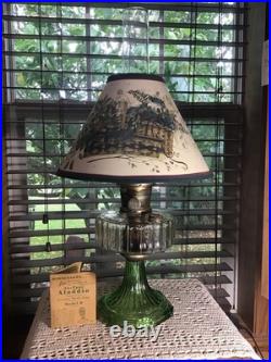 23 1/2 Vintage Aladdin Vaseline Green Corinthian Oil Lamp With Parchment Shade