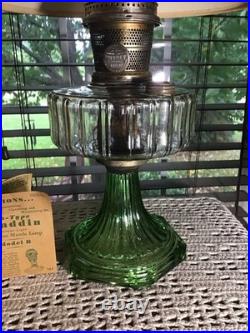 23 1/2 Vintage Aladdin Vaseline Green Corinthian Oil Lamp With Parchment Shade