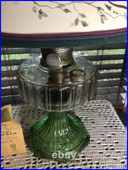 23 1/2 Vintage Aladdin Vaseline Green Corinthian Oil Lamp With Parchment Shade