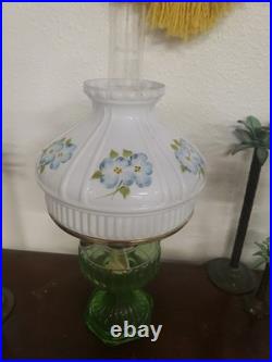 #5056 Vtg Aladdin Green Crystal Glass Oil Lamp Purple Violet Shade. 24 X 12