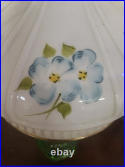 #5056 Vtg Aladdin Green Crystal Glass Oil Lamp Purple Violet Shade. 24 X 12