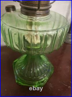 #5056 Vtg Aladdin Green Crystal Glass Oil Lamp Purple Violet Shade. 24 X 12