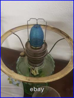 #5056 Vtg Aladdin Green Crystal Glass Oil Lamp Purple Violet Shade. 24 X 12