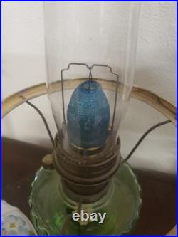 #5056 Vtg Aladdin Green Crystal Glass Oil Lamp Purple Violet Shade. 24 X 12