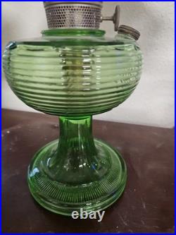 #5056 Vtg Aladdin Green Glass Oil Lamp Purple Violet Flower Shade. 24 X 12