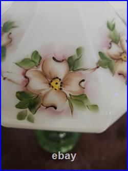 #5056 Vtg Aladdin Green Glass Oil Lamp Purple Violet Flower Shade. 24 X 12