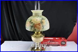 ALADDIN #23 Burner Brass Column Table Oil Lamp, LoxOn Chimney Hand Painted Shade