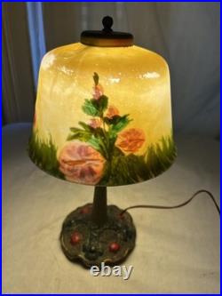 ALADDIN BOUDOIR LAMP with Hammered Arts & Crafts Base & REVERSE PAINTED LILIES