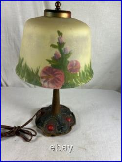 ALADDIN BOUDOIR LAMP with Hammered Arts & Crafts Base & REVERSE PAINTED LILIES
